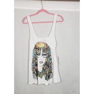Lauren Moshi White Slub Tank Top Large Colorful Eagle‎ Headdress Graphic Summer